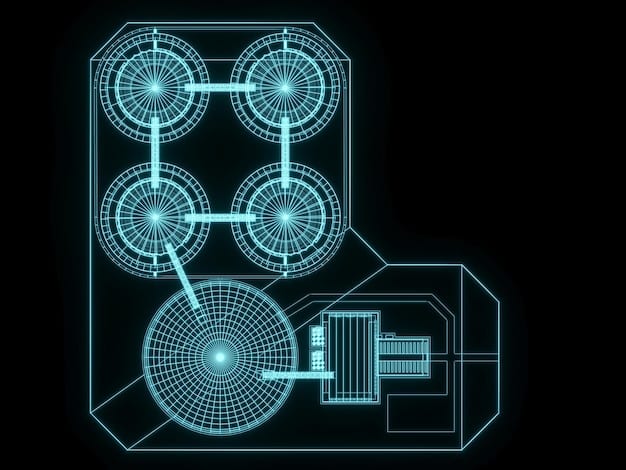 A detailed schematic showing the internal components of a superconducting quantum computer chip, depicting intricate circuits and wiring within a cryogenic environment, highlighting the complexity and precision required.