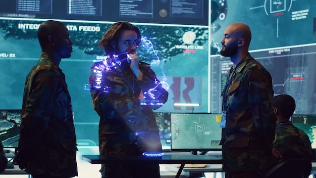 A diverse group of cybersecurity professionals collaborating around a futuristic holographic display, analyzing data points and threat vectors. The setting is a clean, modern security operations center (SOC). The image should convey teamwork and advanced technological integration.