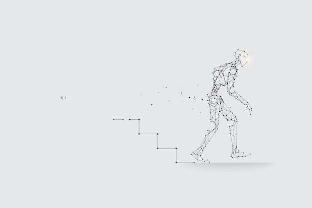 A stylized depiction of a person climbing a steadily rising staircase made of data points and integrated circuits, representing the continuous uphill battle against the rapidly evolving tech landscape.
