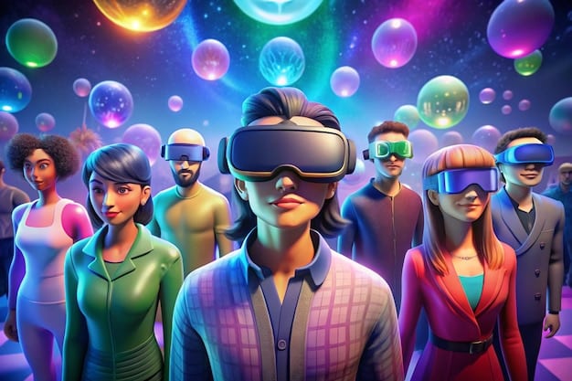 A diverse group of stylized avatars interacting within a vibrant, branded virtual space resembling a futuristic shopping mall, with holographic displays and digital products, signifying customer engagement.
