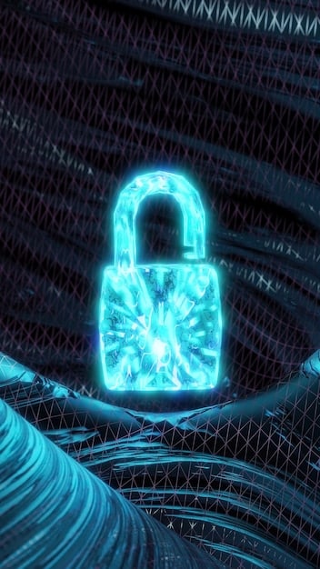 A stylized, glowing padlock symbol superimposed over a complex digital network infographic, representing data privacy and security concerns within a futuristic, interconnected environment.