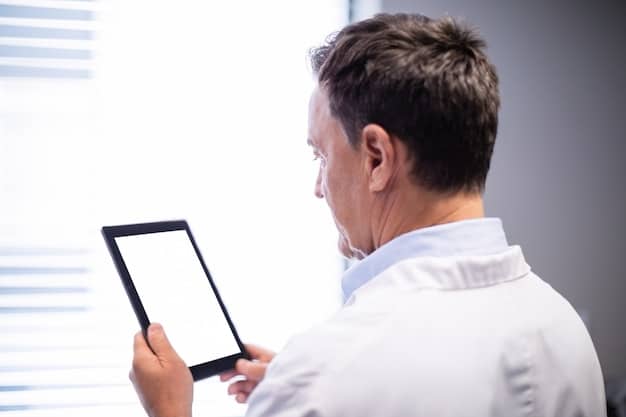 A doctor reviewing a digital patient chart on a tablet, with AI-driven insights highlighted on the screen, showing personalized treatment plans and diagnostic data.