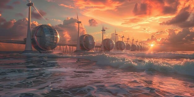 A futuristic wind farm on the ocean, featuring innovative floating wind turbines connected by underwater cables, with a sunrise in the background, conveying advanced clean energy technology.