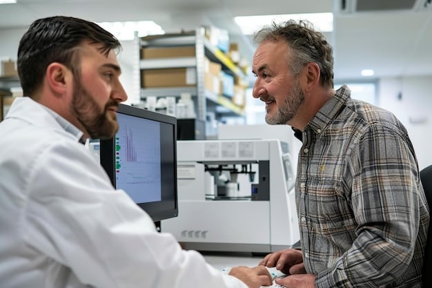 Scientists in a high-tech lab examining a new solid-state battery prototype, surrounded by advanced equipment and digital displays showing energy metrics, signifying cutting-edge research in energy storage.