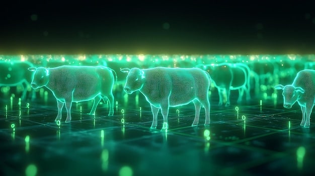 A stylized blockchain network overlaying images of fresh produce, livestock, and a US farm landscape, illustrating transparency in the food supply chain.