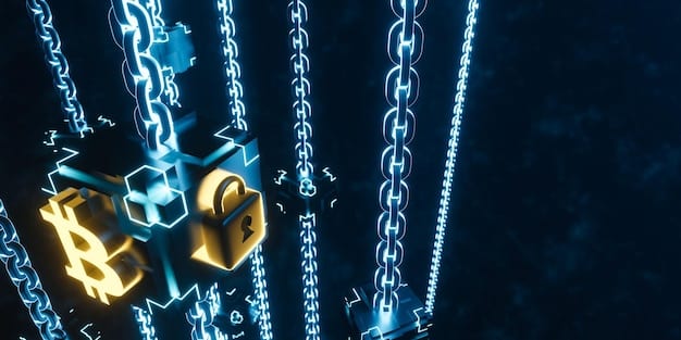 A stylized padlock integrated into a blockchain link, surrounded by abstract data streams, symbolizing the balance between data security, privacy, and shared information in a network.
