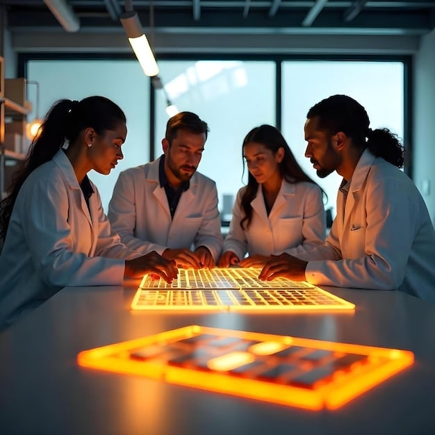 A diverse group of engineers and technicians collaborating in a futuristic laboratory, surrounded by various battery prototypes and charging equipment, symbolizing innovation and problem-solving in EV tech.