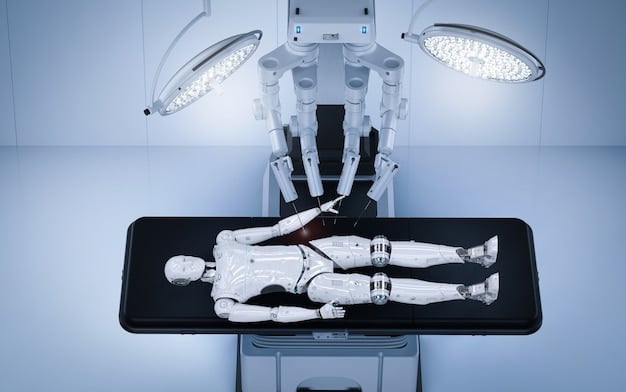 A highly detailed image of a robotic arm performing intricate surgery on a patient, with medical staff observing from control consoles in a modern operating theater.