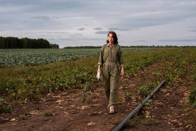 A farmer inspecting a field equipped with drip irrigation lines, showing water precisely delivered to the base of plants, with healthy crops in a dry, arid landscape.