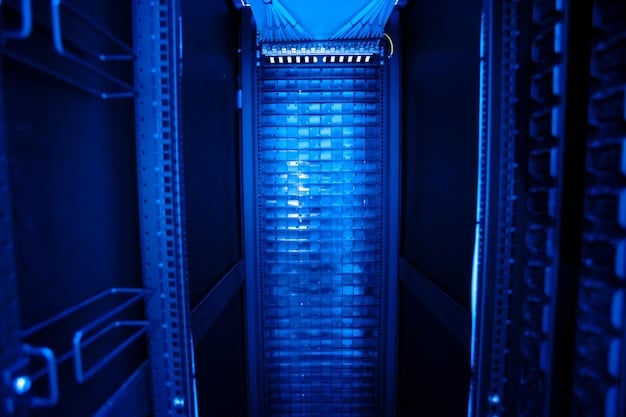 A high-tech data center with glowing blue server racks and complex cabling, emphasizing digital connectivity and the vast expanse of broadband infrastructure. Focusing on the structured cabling, not people.
