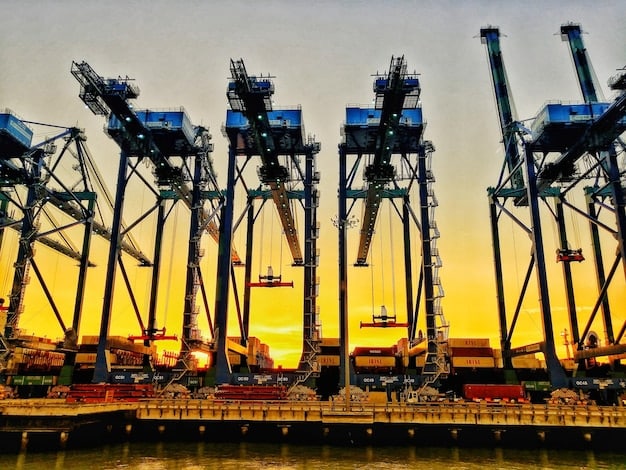 A bustling port with cargo ships being loaded and unloaded by large cranes, container stacks in the foreground, signifying global trade and the movement of goods on a grand scale.