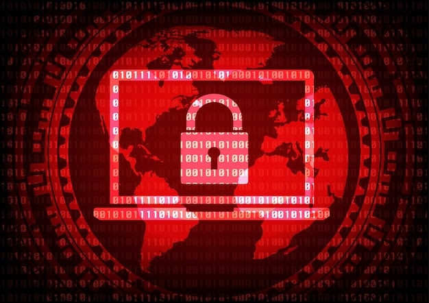 A digital image illustrating ransomware, with a padlock icon on a computer screen displaying an error message about encrypted files, surrounded by glowing red lines of malicious code.