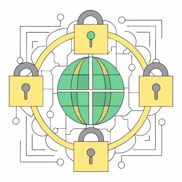 A digital illustration showing various cybersecurity icons (lock, shield, firewall) connected by lines, symbolizing a comprehensive and interconnected defense strategy against cyber threats.