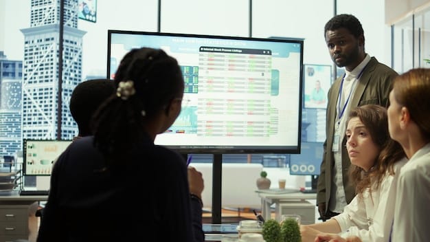 A diverse group of business leaders in a formal meeting discussing green energy strategies, with charts and graphs on a large screen displaying positive financial outcomes.