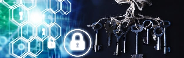 A digital representation of cybersecurity threats, with locked padlock icons and data streams, emphasizing data protection and regulatory compliance.
