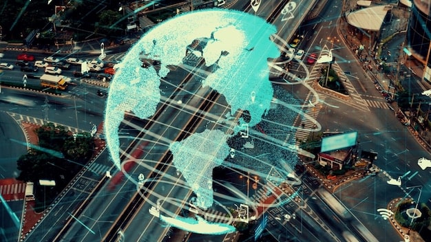 Map showing complex global supply chains with bottlenecks at UK-EU borders and alternative routes emerging. Focus on diversified shipping methods and digital tracking symbols.
