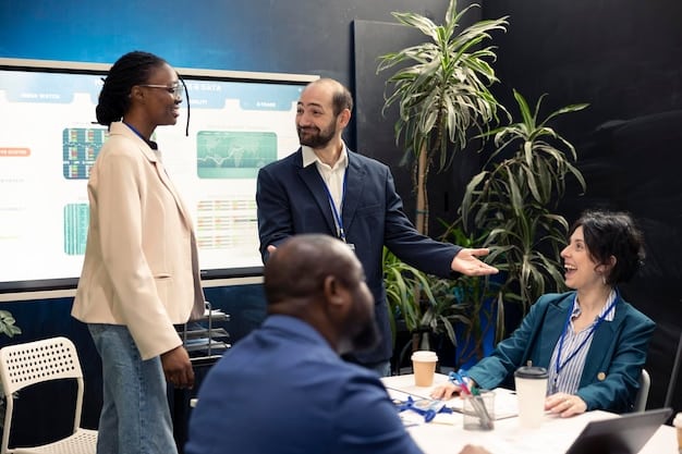 A diverse group of business professionals in a bright, modern conference room, actively discussing charts and financial projections related to healthcare and employee benefits. The atmosphere is collaborative and focused on strategic planning.