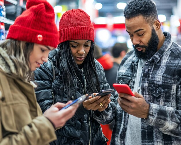 A diverse group of people engaging with personalized shopping experiences on their smartphones and in a modern store, highlighting data-driven retail.