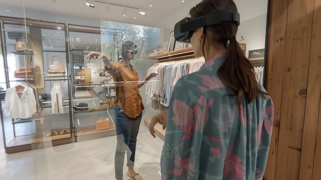 Futuristic retail experience with customers using AR glasses to view enhanced product information and robots assisting with inventory, showing technological integration.