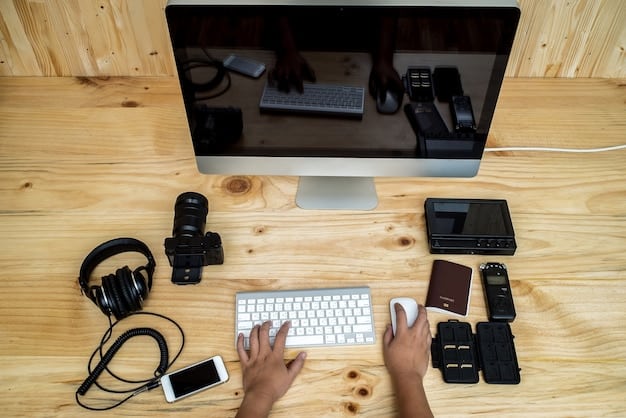 A dynamic image showing a content creator at a desk, surrounded by various digital devices (laptop, tablet, smartphone), with social media icons floating around them. The creator is actively engaged, typing and interacting with content, suggesting the process of generating diverse media for different platforms.