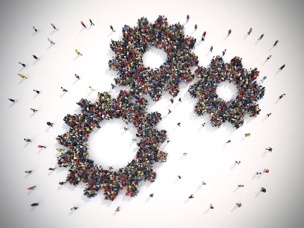 A complex network of interconnected gears and data streams, symbolizing a resilient and optimized supply chain, with a diverse group of people collaborating in the background.