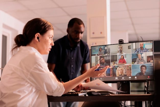 A diverse group of professionals engaged in a hybrid team meeting, some in an office setting, others connecting remotely via video call, exemplifying modern workforce collaboration and flexibility.