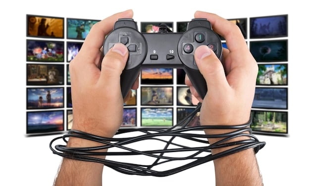 A chaotic scene of multiple hands grabbing for streaming devices (remote controls, tablets), each with a different streaming service logo, illustrating the fierce competition in the content arms race.