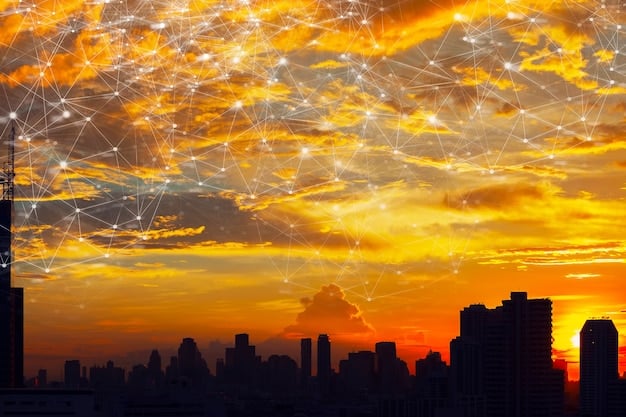 A futuristic cityscape at dusk, with various streaming service logos forming constellations in the sky, some merging and others fading, symbolizing industry consolidation and structural shifts.