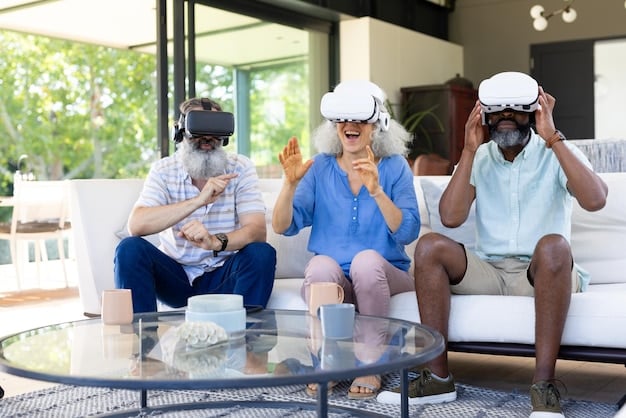 A diverse group of people experiencing VR, some with headsets on, others interacting with gesture controls, in a sleek, modern exhibition space, conveying both excitement and the early stages of adoption.