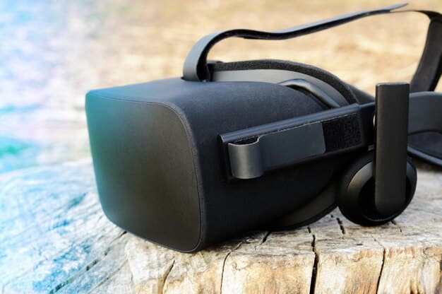 A detailed, close-up shot of a VR headset display showing a vibrant, high-resolution cinematic scene, implying superior visual fidelity and a premium viewing experience facilitated by advanced VR tech.