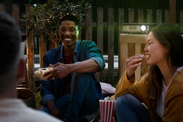 A diverse group of people enthusiastically discussing an independent film at a cozy, dimly lit film festival after-party, highlighting community engagement.