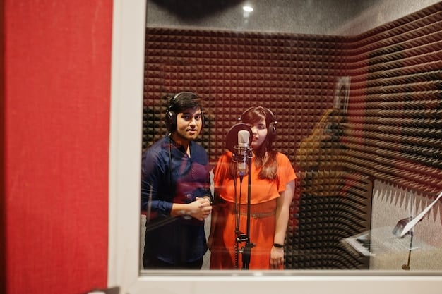 A vibrant, modern podcast studio with two hosts, one male and one female, engaged in dynamic conversation, highlighting the appeal of celebrity hosts.