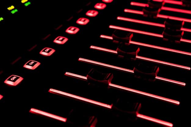 A close-up shot of a sound engineer intensely focused on a complex mixing board, with numerous faders and knobs illuminated in a dark control booth.