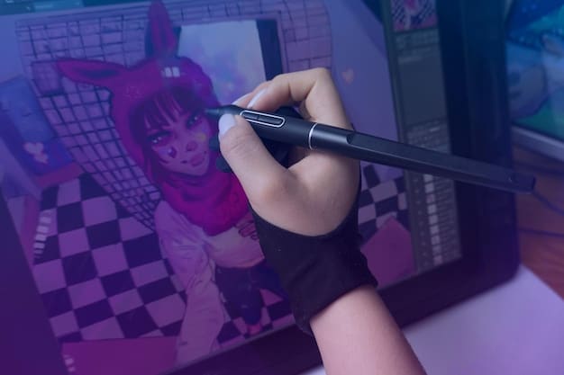 An animator manipulating a detailed 3D character model in a real-time rendering engine interface, with vibrant lights and reflections visible on the screen, indicating high-quality visuals.