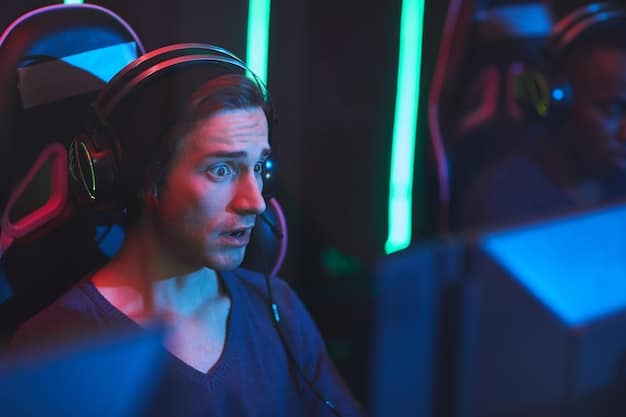 A close-up shot of an esports player intensely focused on their gaming monitor, surrounded by high-tech peripherals and glowing RGB lights, conveying concentration and competitive spirit.