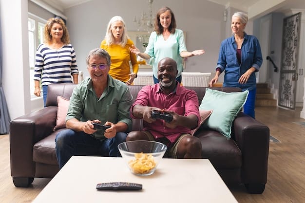 A diverse group of people of varying ages sitting on a sofa, all smiling and looking engaged while watching a classic TV show on a large-screen smart TV, with glowing streaming application icons.