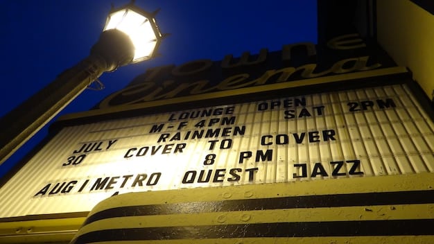 A vintage cinema marquee advertising a classic film with a subtle musical note graphic, evoking nostalgia for the golden age of film and its accompanying orchestral scores.
