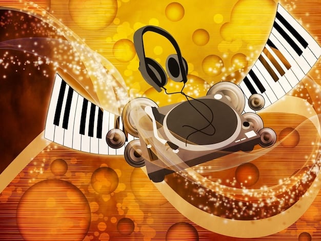 A detailed, stylized graphic depicting various musical instruments (violins, piano, French horn) interwoven with film strips and abstract sound waves, symbolizing the fusion of music and cinema.