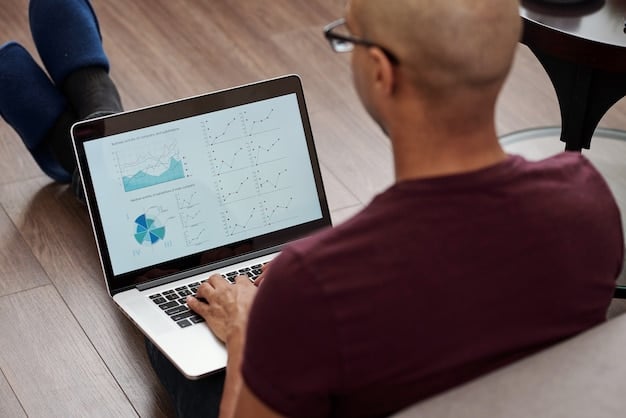 A person using a laptop to analyze LinkedIn analytics data. Charts and graphs are visible on the screen, showcasing metrics such as engagement rate, impressions, and audience demographics. The scene implies a strategic approach to content optimization.