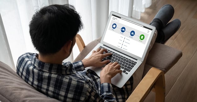 A user is seen carefully reviewing Facebook's community guidelines on their laptop screen. They are sitting in a well-lit, modern office space. The scene conveys attentiveness and diligence. Add title: Review the Guidelines