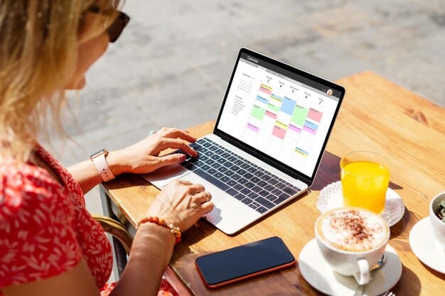 A US small business owner planning an Instagram content calendar, focusing on authentic storytelling and engagement strategies, with a laptop displaying analytics.