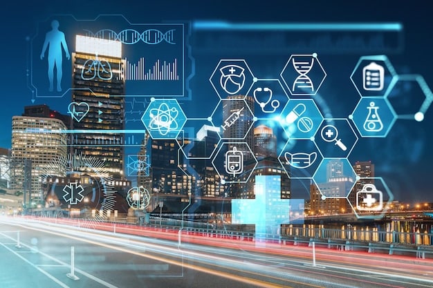 A visual representation of different industries (healthcare, manufacturing, finance) interconnected through a 6G network, showcasing data flowing seamlessly between them and highlighting How Will 6G Impact US Businesses by 2025.