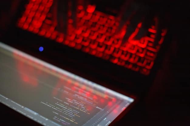 A close-up of a computer screen displaying lines of code interspersed with red alert symbols and network diagrams. This symbolizes the constant monitoring and threat detection provided by AI-powered cybersecurity systems.