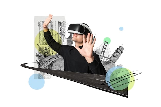 A collage showing VR headsets overlaying real-world environments, highlighting augmented reality applications in industries like retail, manufacturing, and healthcare. The image emphasizes the integration of digital and physical worlds.