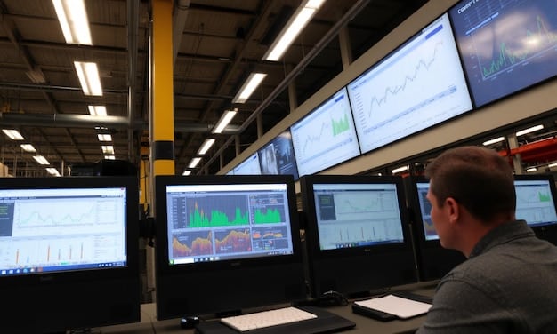 A bustling control room of a geothermal power plant. Technicians are monitoring computer screens displaying data related to energy production. The image should convey technological expertise, efficient energy management, and the operational successes supported by US Government Initiatives Driving Innovation in Renewable Energy Technologies.
