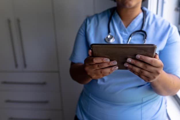 A close-up shot of a nurse using a smart tablet to access a patient's real-time health data, which is being collected via wearable sensors. The data includes heart rate, blood pressure, and activity levels. The scene emphasizes The Impact of IoT on Healthcare in the US: Improving Patient Outcomes and Reducing Costs through remote monitoring.