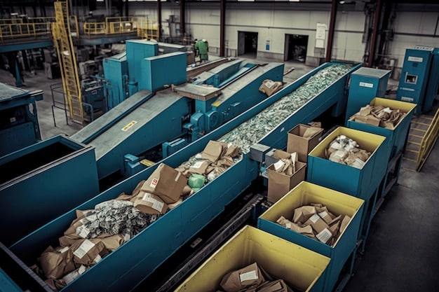 An image depicting a modern recycling facility, with automated systems sorting various packaging materials. The scene highlights the efficiency and technology involved in recycling sustainable packaging, emphasizing US Companies Lead the Way in Developing Sustainable Packaging Technologies.