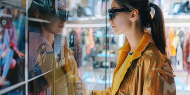A shopper wearing augmented reality glasses in a retail store. The glasses display dynamic product information and reviews as the shopper looks at different items. Showcases how Augmented Reality is Revolutionizing Retail Experiences in the US with new technology.
