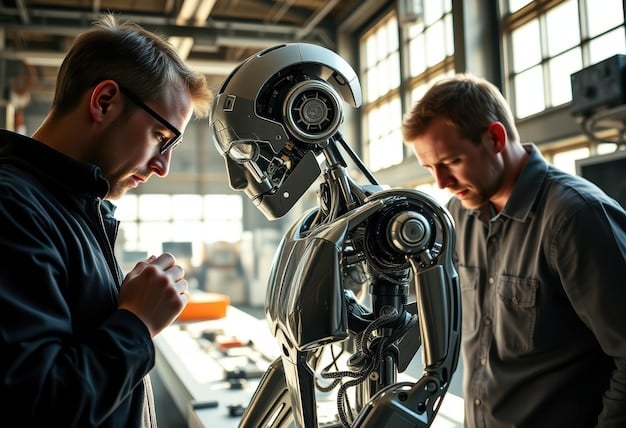 A close-up shot of a collaborative robot (cobot) working alongside a human worker on a manufacturing assembly line. The cobot is performing a repetitive task, while the human is handling more delicate or complex operations. The image highlights the safety and efficiency of human-robot collaboration in The Latest Advancements in Robotics and Automation in US Manufacturing.