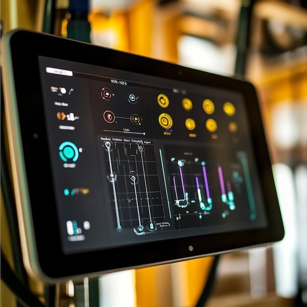 A digital dashboard displaying real-time data from sensors installed on manufacturing equipment. Key performance indicators (KPIs), temperature readings, and other metrics are visible. The image showcases the IoT integration in manufacturing processes as a key advancement in The Latest Advancements in Robotics and Automation in US Manufacturing.